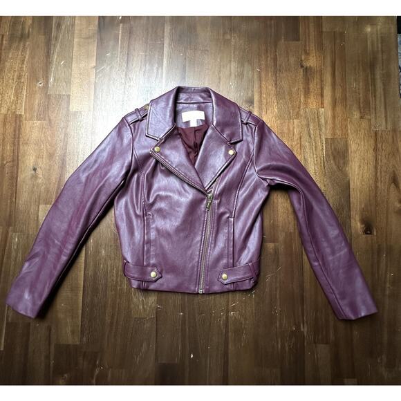 Michael Michael Kors Jacket Womens Small Burgundy Moto Faux Leather Gold Zipper - Picture 6 of 16